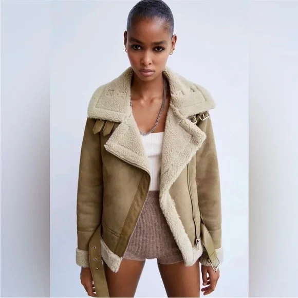 Zara Tan Teddy Jacket with Shearling Collar - Picture 3 of 12